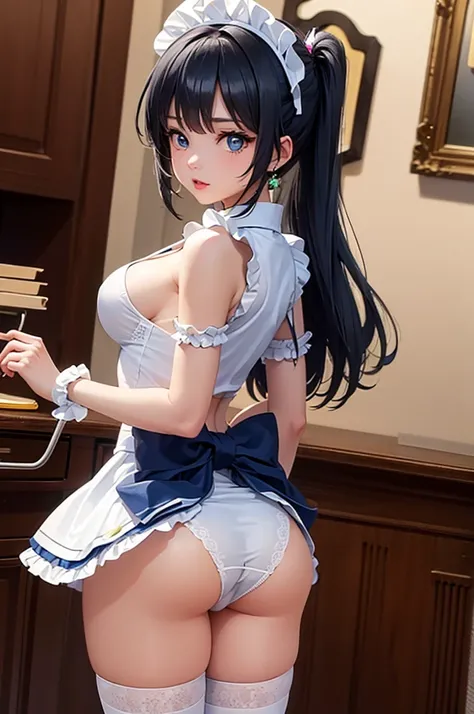 A beautiful girl in a blue maid outfit cleaning a table, anime girl, 1girl, (20 years old girl), (aged up), She wipes with a cloth, leans forward, lifts her butt, you can see her white panties, dining room, french maid outfit, light brown skin, blue hair, ...