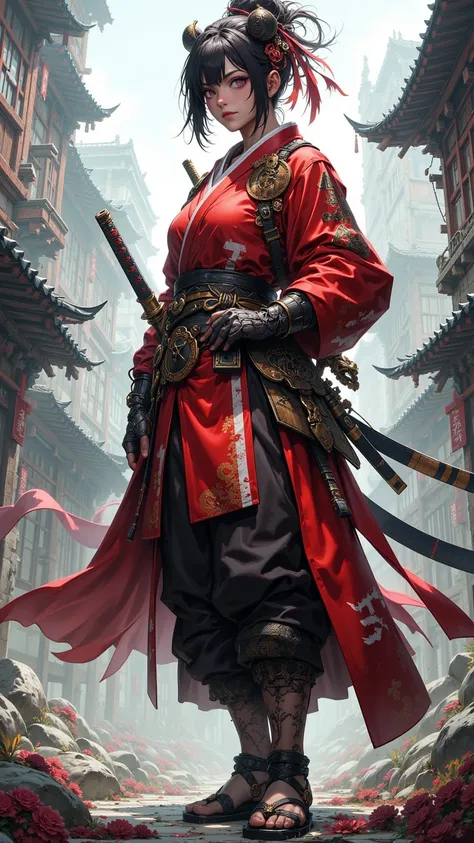  shows a firm and formidable posture ， Digital Drawing Mode ，DEPICTS A STRONG AND RESILIENT FEMALE SAMURAI - HAIR STYLED WITH RED RIBBONS，Eyes Flame Red ， standing in a crumbling cityscape ， depicting a strong and resilient female samurai in a crumbling ci...