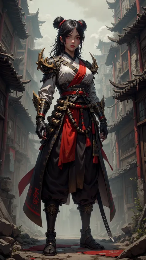  shows a firm and formidable posture ， Digital Drawing Mode ，DEPICTS A STRONG AND RESILIENT FEMALE SAMURAI - HAIR STYLED WITH RED RIBBONS，Eyes Flame Red ， standing in a crumbling cityscape ， depicting a strong and resilient female samurai in a crumbling ci...