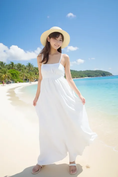 A woman wearing a sleeveless white long dress is standing on a sunny tropical beach wearing a straw hat and smiling、 Beautiful contrast between tanned skin and white dress 、Wearing sandals on bare feet 、 Blue sky and clear, beautiful ocean 、Accurate portra...