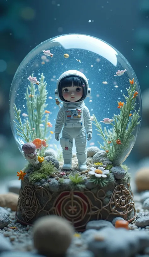 rom below、 Fisheye 、宇宙服を着た日本人女子高生の胸像を表現した snow globe,  beautiful detailed miniature , lamp,  snow globe, inside a  snow globe,  Masterpiece Underwater Scene , Whimsical Art Melting in the Starry Sky , Inside the globe ,  Dream Scenery in a Bottle 