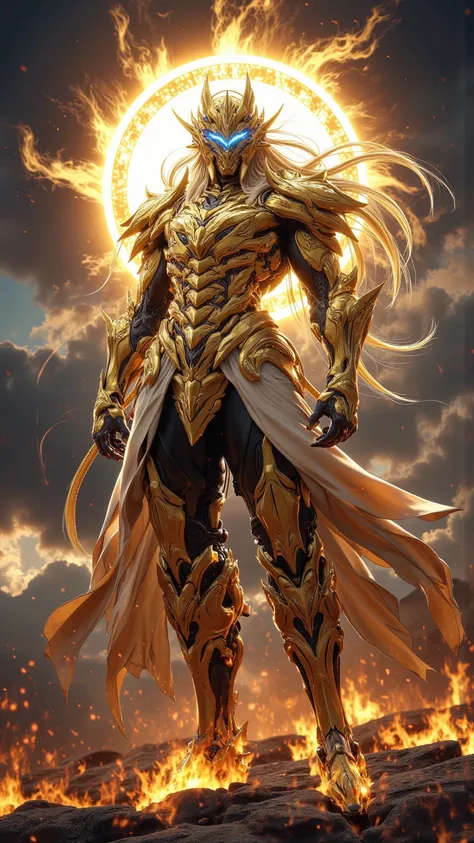  4K anime-style quality ， Digital Drawing Mode ， A tall and brilliant Sun Warrior， with flowing golden hair ，blue eyes， wearing golden armor ， standing on a burning battlefield ，whole body， Exuding overwhelming strength ，Unstoppable standing 。