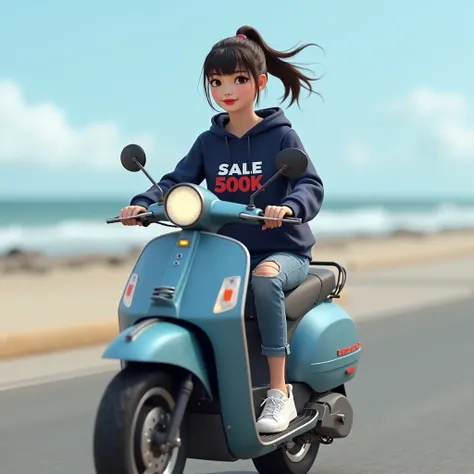 3D photo of Indonesian woman with hair tied in a ponytail and bangs, wearing a dark blue hoodie that says "SALE 500K", ripped jeans, white sneakers, riding an automatic scooter on the beach road, hyper realistic, high color effect, detail, 8K, focus