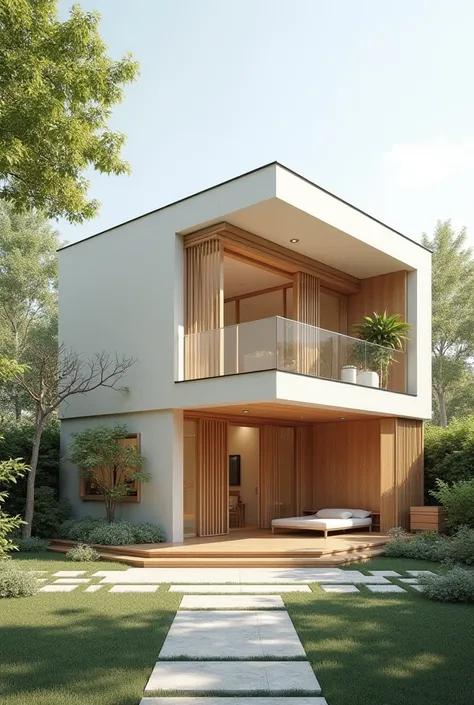 House in Muji Japandi mood and tone, white warm wood, 3 floors, have a garden or courtyard around the house, big private house , cat friendly 