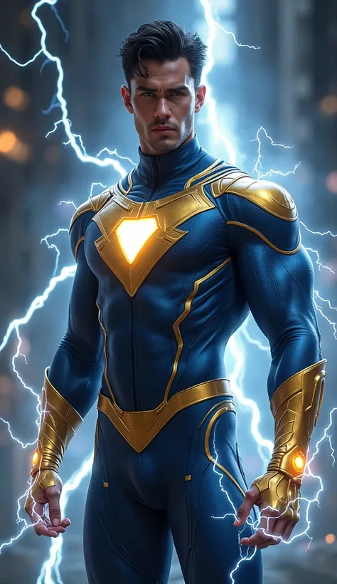 Full body photorealistic handsome hunky young slender futuristic male hero with black hair wearing a navy and  gold costume, and wristbands that can manipulate lightning , his body is covered with lightning energy,,super Bulge. 