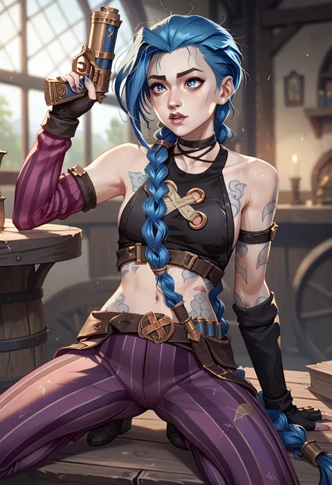 1girl, j1nx, blue hair, long blue twin pigtails,  blue eyes, pale skin, tattoo, choker, BREAK, crop top, sleeve, armbands, purple striped pants, gloves, gun, belt, BREAK, full body, in a deserted medieval slum, masterpiece, dramatic lighting, highly detail...