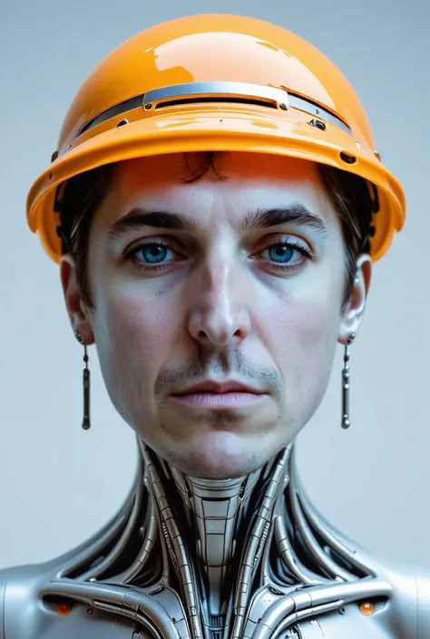 A hyperrealistic  front A hyper-realistic portrait of a futuristic figure with smooth, polished metallic skin that reflects soft highlights. The subject wears a translucent, glossy orange visor that seamlessly blends with the structure of their head, wrapp...