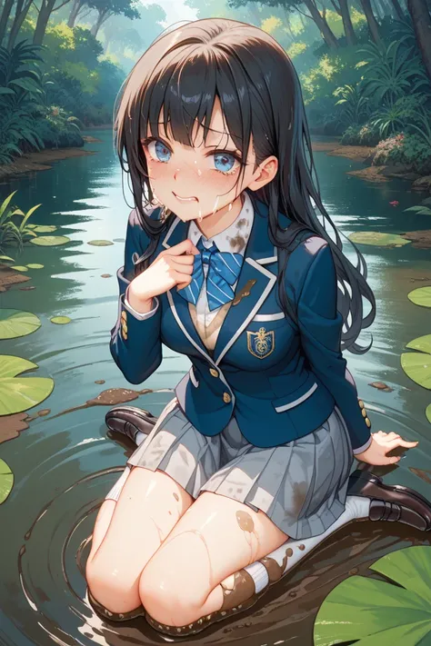  high school girl　 blazer　 white high socks　Black Loafers　 black hair　Navy Skirt　uninhabited island　Distress　mudまみれ　mudだらけ　mudんこ　 tattered　 muddy　seiza　mudハネ　mud　 crying face　 soaked　soaked　Tragic　 Jungle　dirty　 stains　survival　服 tattered　Muddy　Slimy　Swamp...