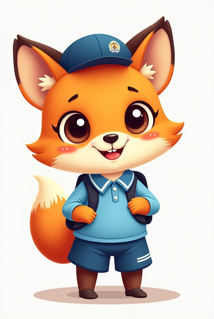 Create mascot for an education class , Of a cute little fox in a blue uniform from a Brazilian public school in PNG