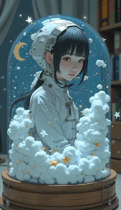 rom below、 Fisheye 、宇宙服を着た日本人女子高生の胸像を表現した snow globe, beautiful detailed miniature , lamp, snow globe, inside a snow globe, Masterpiece Moon Scene , Whimsical Art Melting in the Starry Sky , Inside the globe , Dream Scenery in a Bottle