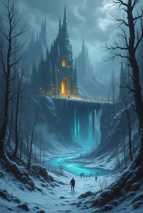 A dark and frozen underworld inspired by Norse mythology, depicting Helheim, the realm of the dead. The landscape is vast and desolate, covered in snow and ice, with jagged black trees that stand lifeless. A chilling mist hangs in the air, partially obscur...