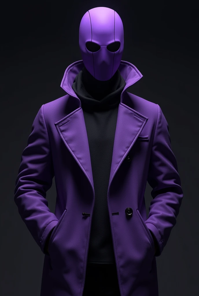 crée un homme réaliste, avec la moitier du corps visible jusqu au main, avec une veste trois quart violet et une capuche violet portant un beau masque intégral violet qui couvre tout le visage et qui regarde droit devant avec un arriere plan sombre 