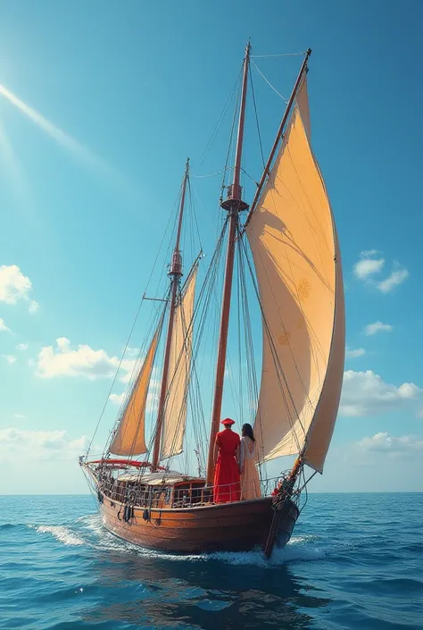 Photo d'un magnifique voilier coloré de toute les couleurs, avec les voiles dehors, sur la mer, avec un homme et une femme habillés en vêtements et chapeaux colorés, romantique et extrêmement raffinés, sur le voilier, avec un ciel bleu sans nuages et des m...