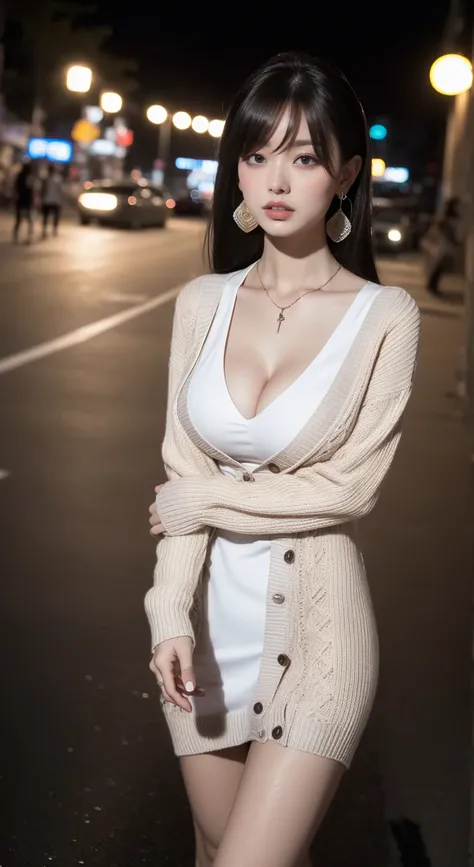 perfect figure beautiful woman，Layered Hair Style,  (Breast, cleavage)， (cardigan, fitted dress, thighs), (walking on street, at night, long shot)，Highly Detailed Face and Skin Texture，Whiten the skin, necklace, earrings, add_detail:1