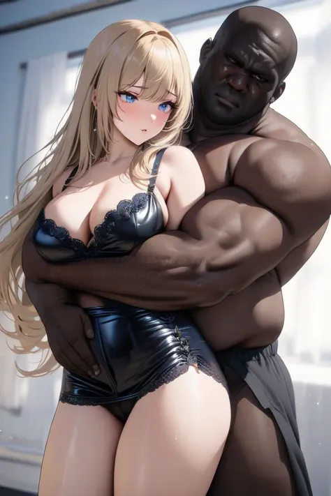 top quality, masterpiece,  Hi-Res, 8k, (1 girl 1 boy ), sexy, (((cowboy shot))),   blond and blue eyed, Beautiful Russian girl wearing a daisy, (((Big Muscular Black Man ))),  ((( Beautiful Russian Girl Being Hugged From Behind)))