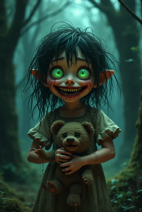 "A horror-themed depiction of Masha from Masha and the Bear, standing in a dark, twisted forest at night. Masha has a wide, unnatural grin with sharp, jagged teeth glistening with venom, dripping black liquid that sizzles on the ground. Her eyes glow a sic...