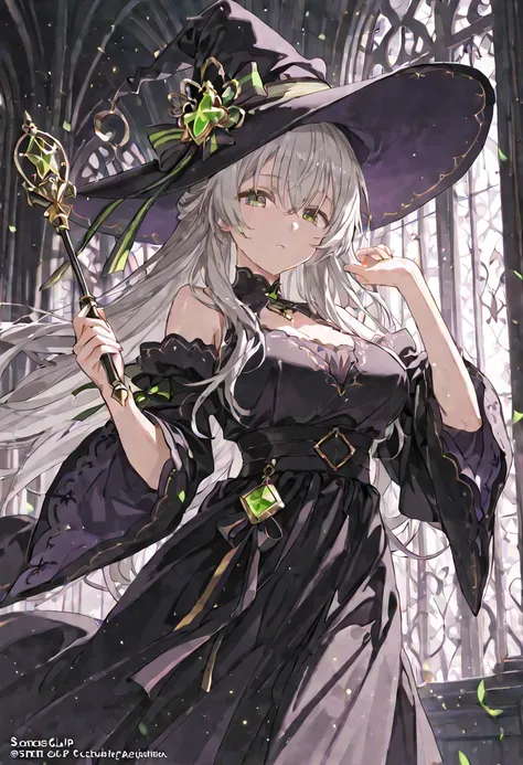 Score_9, Score_8_up, Score_7_up, Score_6_up, Score_5_up, Score_4_up, Source_anime, Tag1, Tag2, Quality_masterpiece, Anatomically correct, Detailed skin, Mature female, grey hair, green eyes, witch hat, witch dress, big black wand on her hand, 