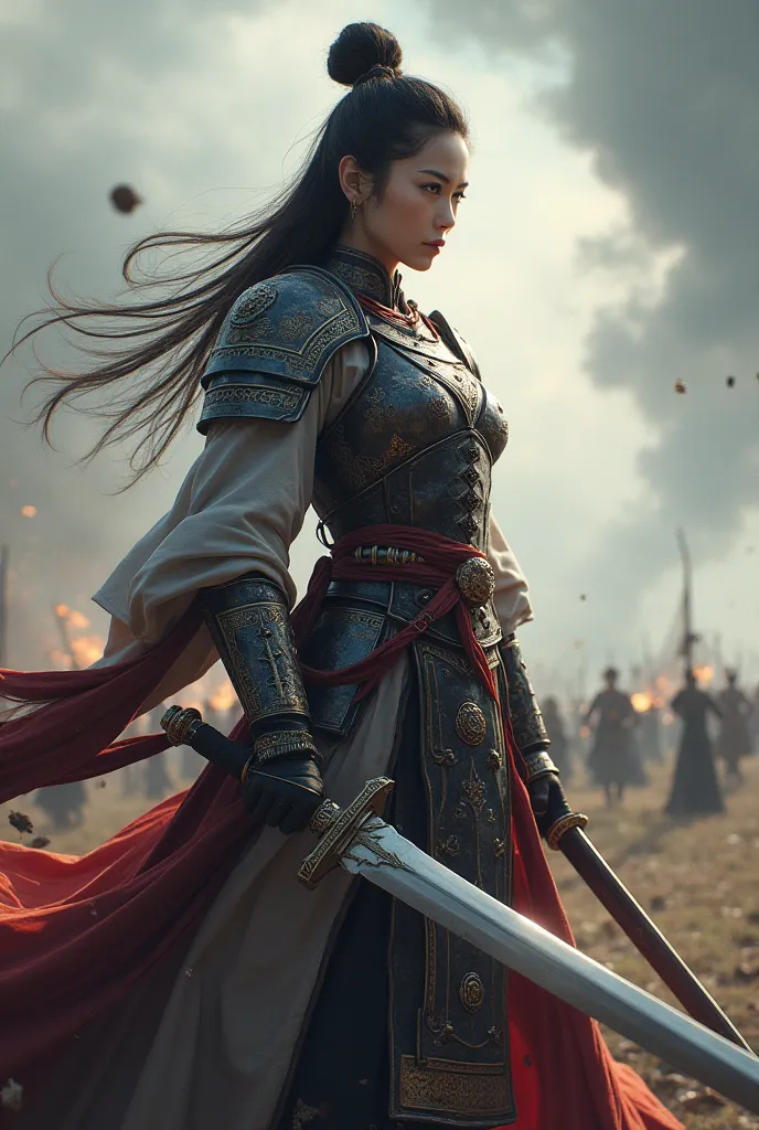 A very beautiful korean female warrior, in korean female warrior armor, holding a sword, background is field of war