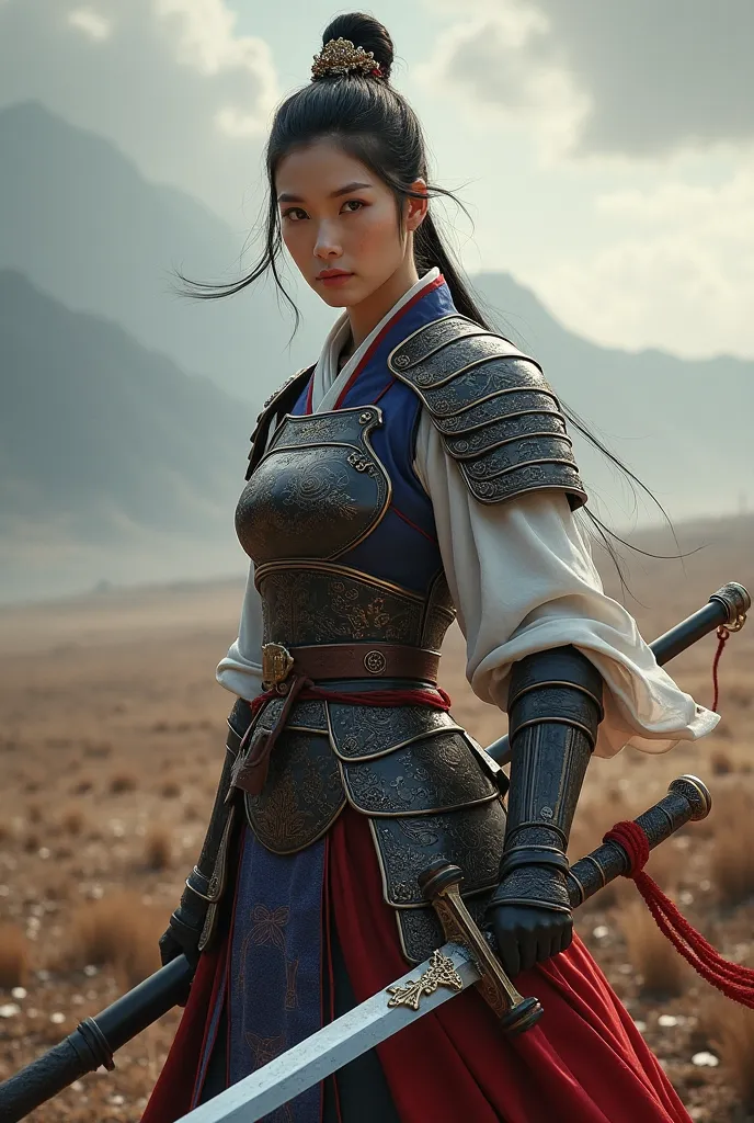 A very beautiful korean female warrior, in korean female warrior armor, holding a sword, background is field of war