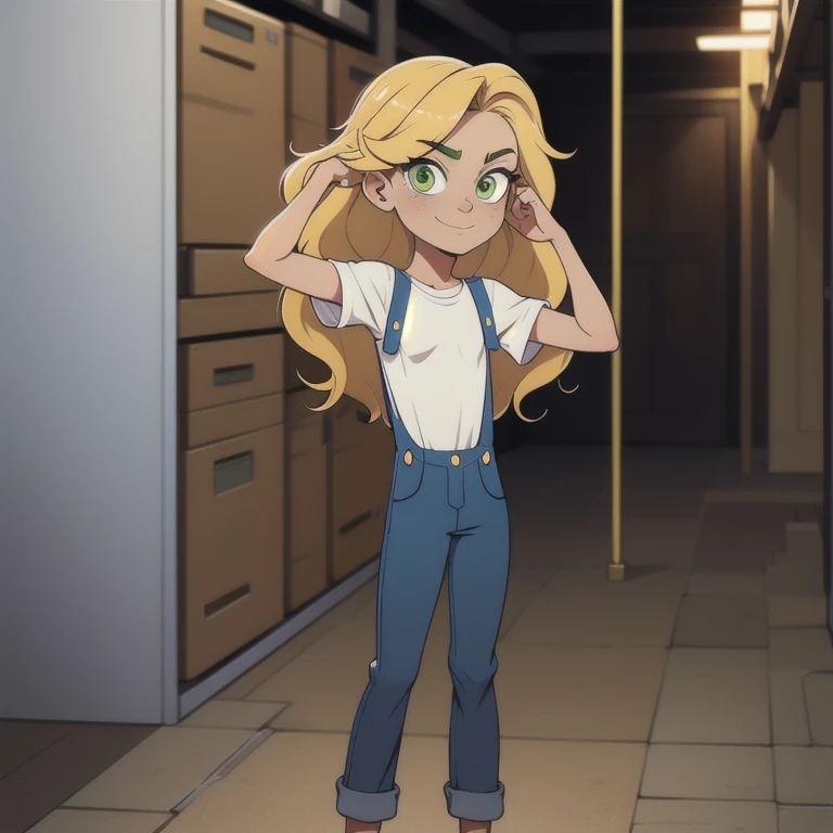 blonde girl with frekles, long curly hair, green eyes, big detailed eyes, smug, bratty genius, thin body, storehouse background, score_9, score_8_up, score_7_up, score_6_up, resolution BREAK, detailed, masterpiece, white t-shirt, blue overalls, full body s...