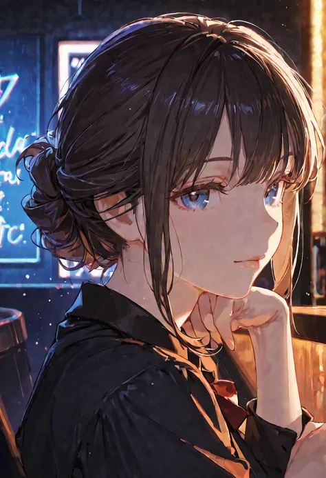 Portrait of Abigail: a stunning woman with an updo, sitting at the bar in a nightclub. This masterpiece is of the best quality, ultra-detailed, and perfect for an 8k HDR wallpaper. Featuring cinematic lighting with sharp focus and intricate details.