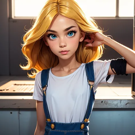 blonde girl with frekles, long curly hair, aqua eyes, big detailed eyes, smug, bratty genius, thin body, storehouse background, score_9, score_8_up, score_7_up, score_6_up, resolution BREAK, detailed, masterpiece, white t-shirt, blue overalls, full body sh...