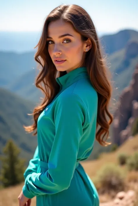 Arafed woman in a bright turquoise jumpsuit, sexy girl with brown eyes, portrait Sophie Mudd, brown hair and large eyes, bedroom eyes, Violet Myers, without makeup, natural makeup, turning to look at the camera, face with artgram, subtle makeup, stunning f...