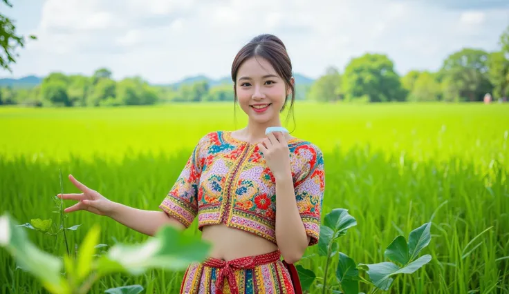 "Sweet smiling woman in traditional Isan style dress amidst bright green fields. The picture looks fresh and has a Thai Isan folk atmosphere."
