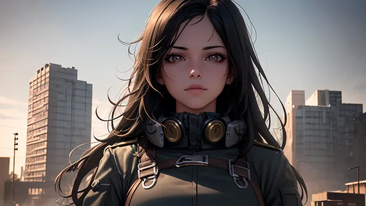  looking at spetactor, 1 college girl, solo, kharia, black hair, long hair, brown eyes, medium big chest, military suit, outdoot, apocalyptic scenary, 8k, uhd, hyper realist, cgi, high quality, perfect face, detailed eyes