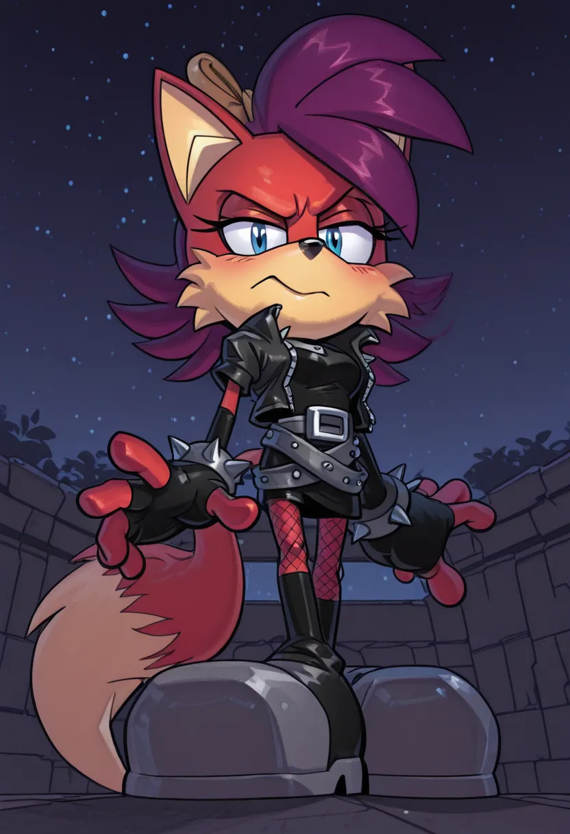 Fiona The Fox. animated picture of flocked moka and alice by kelvin hanner, solo, 1girl, skirt, gloves, fishnets, animal ears, fingerless gloves, furry, spiked bracelet, tail, jewelry, night, belt, closed mouth, standing, purple hair, pantyhose, spikes, fu...