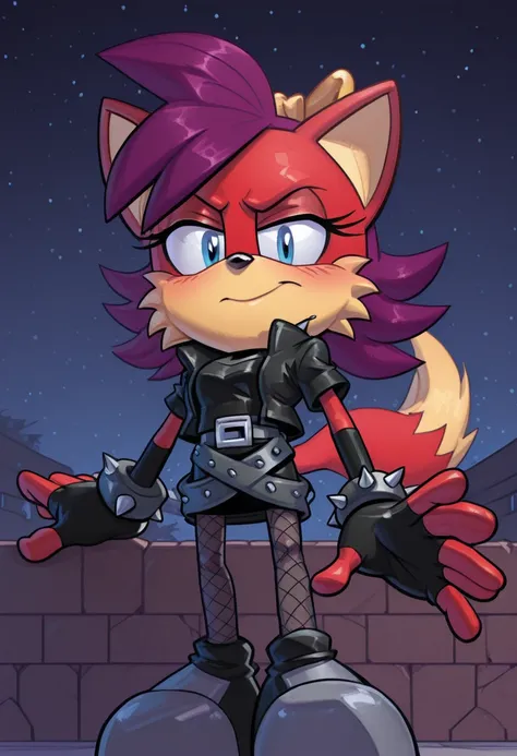 Fiona The Fox. animated picture of flocked moka and alice by kelvin hanner, solo, 1girl, skirt, gloves, fishnets, animal ears, fingerless gloves, furry, spiked bracelet, tail, jewelry, night, belt, closed mouth, standing, purple hair, pantyhose, spikes, fu...