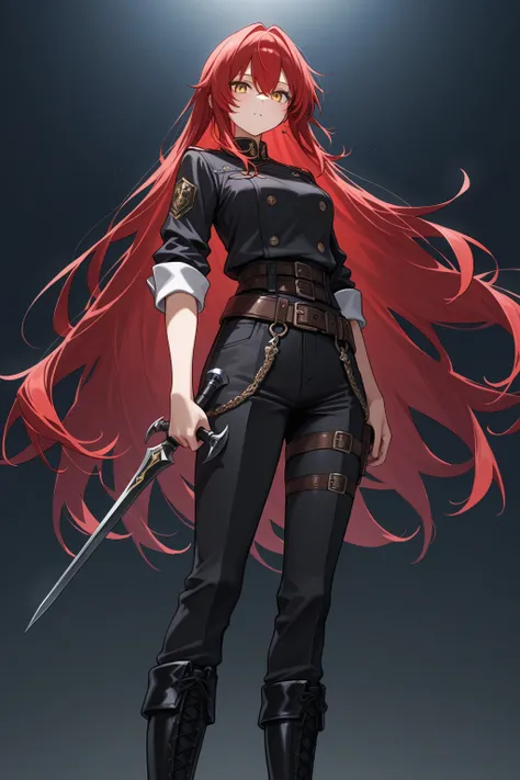 1 girl, golden eyes, red hair top, very long red hair , Cool, beautiful, black pants with pockets on the sides, black boots with belts, assasines clothes, two black daggers in the hands, black serrated dagger, mysterious atmosphere, in the background the s...