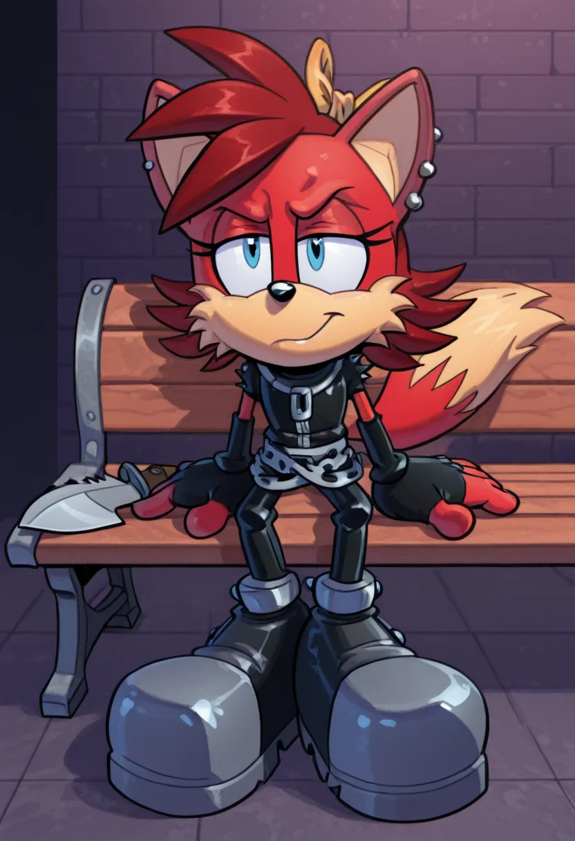 Fiona The Fox. an animation of a cartoon cat in punk clothing and boots sitting on a bench, solo, 1boy, male focus, tail, furry, chain, ear piercing, jewelry, earrings, blue eyes, knife