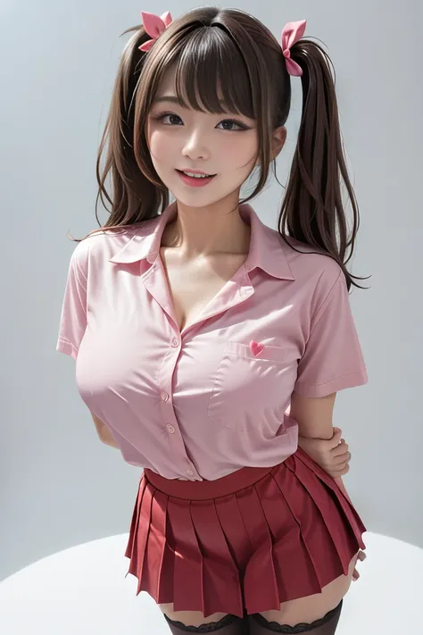 , (korean Girl),( Adorable korean face ), highly detailed skin , best quality , very detailed face in, vibrant colors, ((Curvaceous body)), one girl, she is very adorable, "She is wearing a cute pink blouse with a red pleated skirt. She has black loafer an...