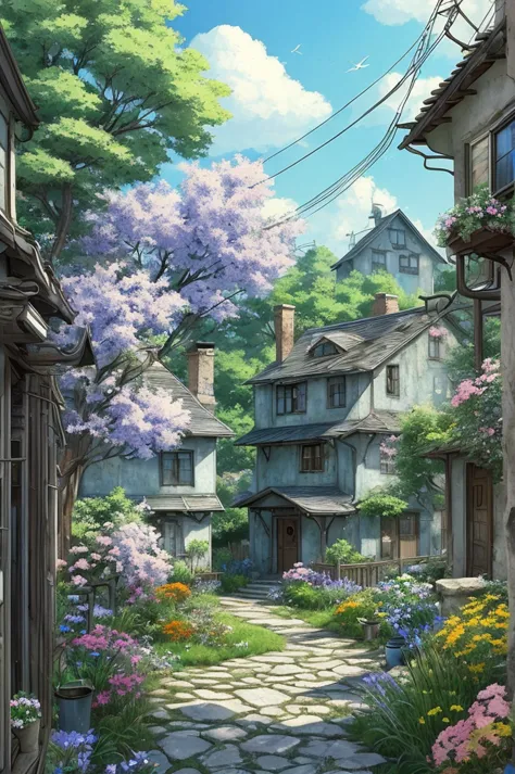  Very cozy little place ,  ultra-realistic, (Anime Makoto Shinkai :0.4), old shabby house in city sTreet, home wiring,  outdoors, sky空, cloud, sky, landscape, Tree, blue sky空, architecture, symbol, , railing,  telephoto lens , Telephone pole, village, wild...