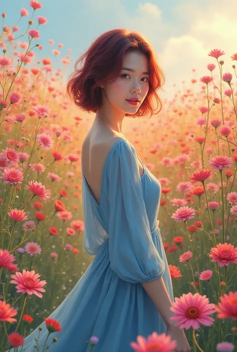 A korean girl standing in the sea of flowers wearing blue maxi dress with burgundy short hair smiling cute 