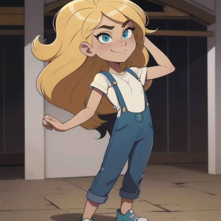 blonde girl with frekles, long curly hair, aqua eyes, big detailed eyes, smug, bratty genius, thin body, storehouse background, score_9, score_8_up, score_7_up, score_6_up, resolution BREAK, detailed, masterpiece, white t-shirt, blue overalls, full body sh...