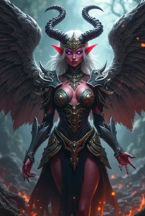 A beautiful and bold female demon with pale redish skin,light purple eyes, feathered wings with silver,gold and black feathers in armor