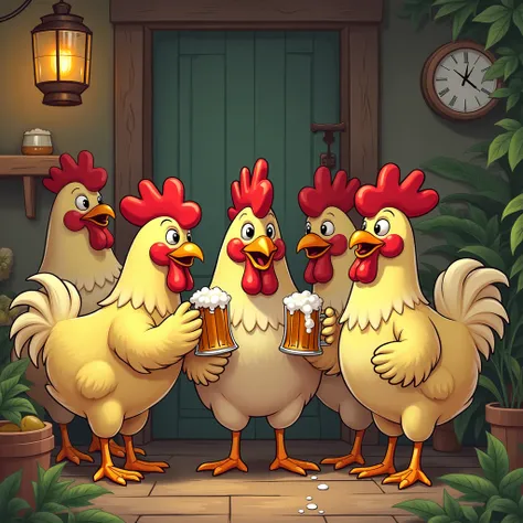 Cartoon chickens drink beer anatomically correct,  best quality,  Details,  Detailsสูง, 