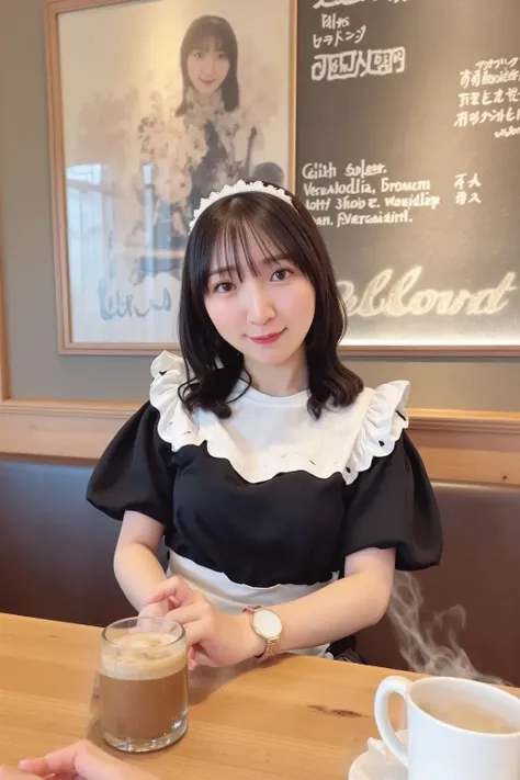 "A young woman wearing a classic black and white maid outfit with a frilly apron and a matching headband, working in a cozy café. She is gracefully serving coffee to a customer with a warm smile. The café interior is warmly lit, featuring wooden tables, so...