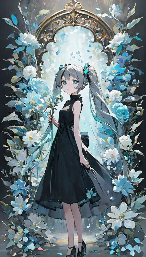  beautiful woman 、 Hatsune Miku 、 Floral Arrangement 、Wabi-sabi art、 Very detailed_Face_ eyes、 Very detailedなFace、 Black Dress 、 white、Grey、 Light Blue Tone 、羊皮纸、抽象的 Floral Arrangement 、Three Big Flowers 、 Surreal Art 、Silence、wallpaper、 top quality combat...