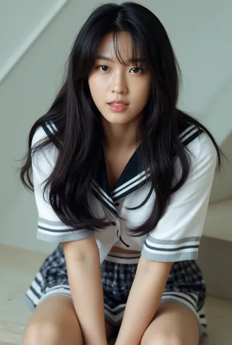 Seolhyun, black long hair, bangs, Asian school girl outfit, sailor school uniform, on her knees, Masterpiece, High Resolution, Accurate, High Details, Textured Skin, photography, poster, high heels, Realistic. POV Anatomically Correct, Award Winning, Super...