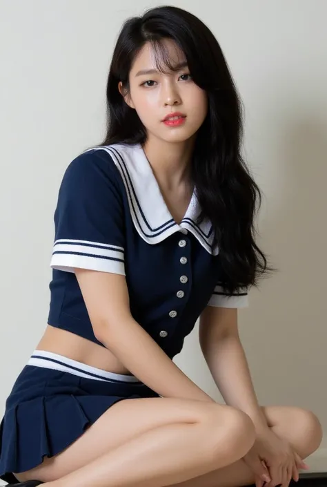 Seolhyun, black long hair, bangs, Asian school girl outfit, sailor school uniform, on her knees, Masterpiece, High Resolution, Accurate, High Details, Textured Skin, photography, poster, high heels, Realistic. POV Anatomically Correct, Award Winning, Super...