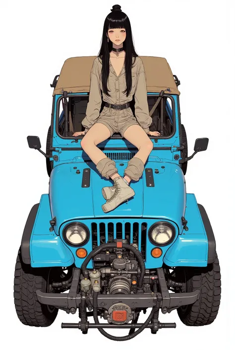 from above、fish eye、 close-up of blue jeep on white background, Soft top, Soft top roof raised,  clean and clean  design, classic gem , Slender figure ,  clean and clean , Rest Mod, by Doug Wildey, Scrambler,  front shot, Moab,  brown and cyan blue color s...