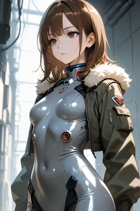 Brown hair, medium hair, dark brown eyes, brown eyelashes, small breasts, pilot suit, tall, shiny skin, fur trimmed jacket, tactical cloth, emotionless, grey body suit, mesugaki