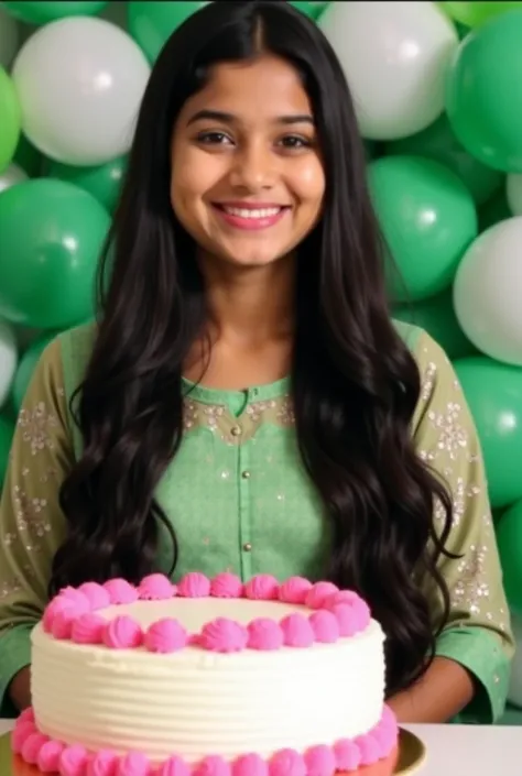 21st birthday girl
Long hair and black thick and straight hair
Cream green lehenga and blouse she wear
Lightly long face
Fair Color
Beautiful girl
With pink and white cake 
Plus dark light green ballons follow as the background