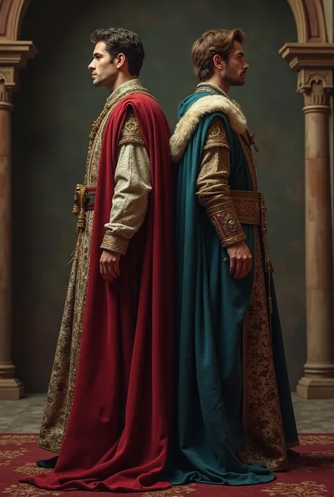 Borthers. One noble and just. One cunning and ambitious. Standing side by side their back facing each other. They are white. And medieval royalty.