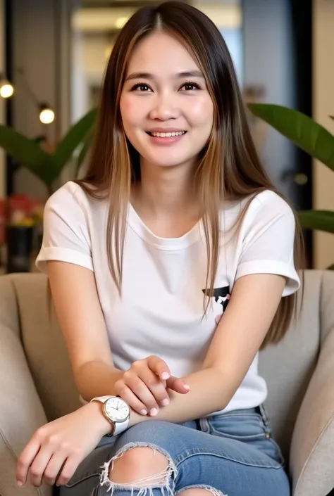 A young Anita Beautiful Korean Chuby Cheeks Clean White Clean Smile Thin Hair Long Banged Brown Color Wear White T-shirt Patterned Print Matching with Ripped Patterned Jeans,Wear a white watch sit back on a cool stylish sofa fulhd 12k ratio 