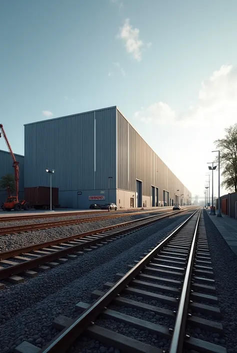 I need to create a photo of a class “A” warehouse located near the railway tracks