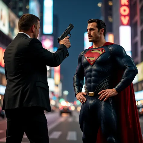 The gangster in black raised his gun and shot at Superman, who stood in front of him with his hands on his hips. A policeman hid behind him, creating an interesting photo